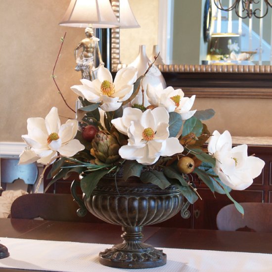 (image for) Silk Flowers | White Magnolias with Artichoke Centerpiece AR273 TEXT_CLOSE_WINDOW