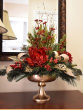 (image for) Red Magnolia Christmas Centerpiece Gold Pedestal Vase