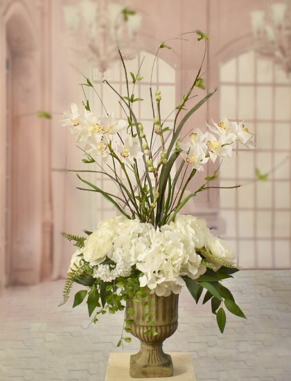 (image for) White Hydrangeas and Silk Orchids in Urn AR414 TEXT_CLOSE_WINDOW