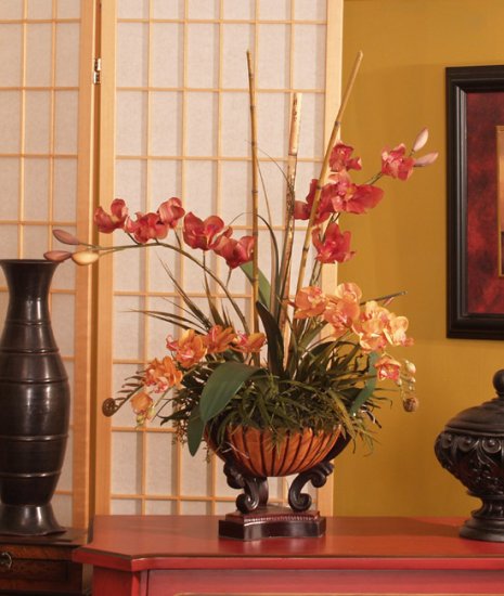 (image for) Red and Talisman Silk Orchid Arrangement with Bamboo O136 TEXT_CLOSE_WINDOW