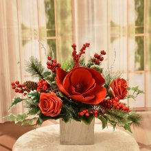 (image for) Red Magnolia, Rose and Berry Winter Christmas Centerpiece