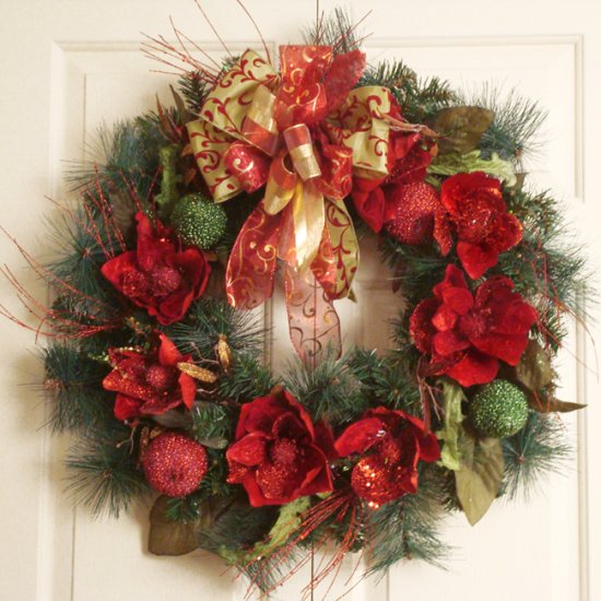 (image for) 8" Grande Magnolia Wreath with Ribbon CR467 TEXT_CLOSE_WINDOW
