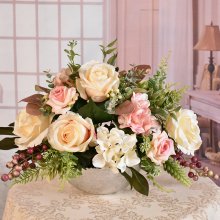 (image for) Cream Pink Roses With Berries Silk Floral Centerpiece AR613