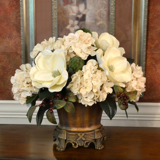 (image for) Cream Magnolia and Hydrangea Silk Floral Centepiece AR403 TEXT_CLOSE_WINDOW