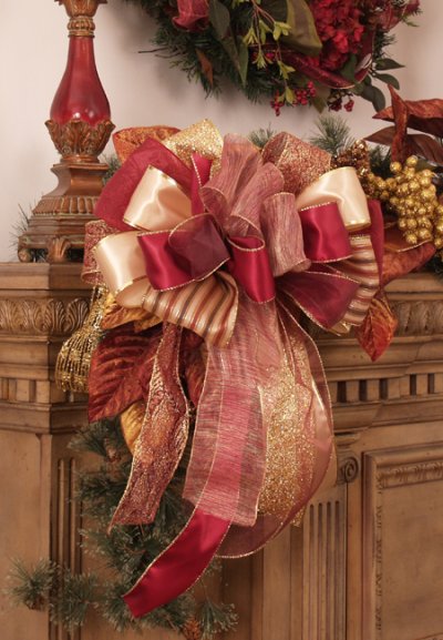 (image for) Burgundy Holiday Bows - Set of 2 Mixed Burgundy and Gold Ribbons for Decorating