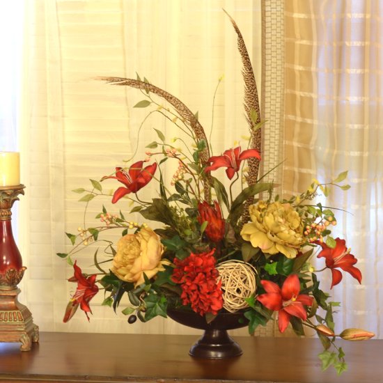 (image for) Elegant Red Lilly Centerpiece with Feathers AR322 TEXT_CLOSE_WINDOW
