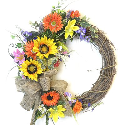 (image for) Sunflower Daisy Lily Wreath with Burlap Bow WR4872D