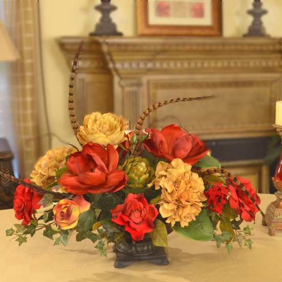 (image for) Silk Flower Silk Floral Centerpiece with Red Magnolias, Hydrangeas AR316 TEXT_CLOSE_WINDOW
