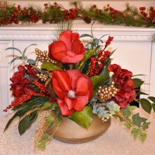 (image for) Red Magnolia Christmas Centerpiece in Gold Vase CR1620