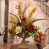 (image for) Deep Red and Gold Large Silk Flower Arrangement with Feathers AR362