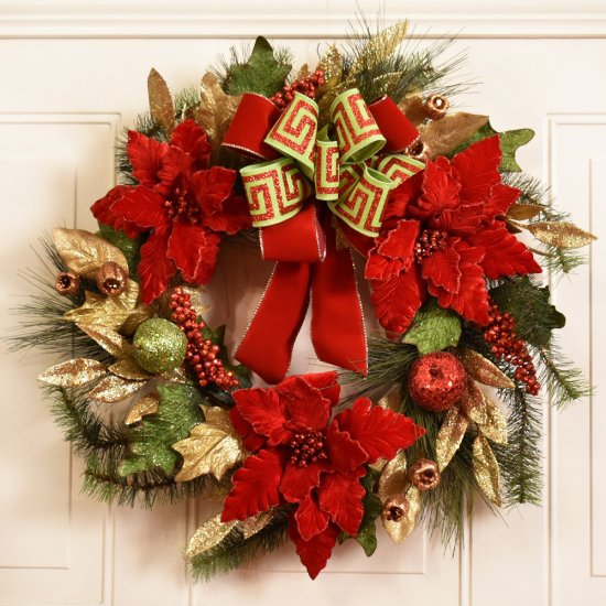 (image for) Red Poinsettia Wreath with Gold Leaves CR1563 TEXT_CLOSE_WINDOW