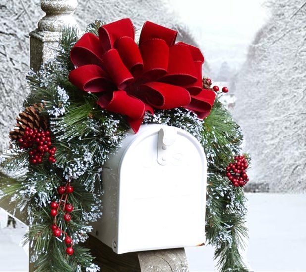 (image for) Snow Flocked Mailbox Swag with Red Velvet Ribbon CR1048 TEXT_CLOSE_WINDOW