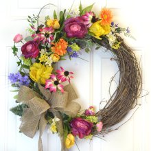 Flower Garden Silk Wreath with Tulips and Bird WR4784- Out of Stock