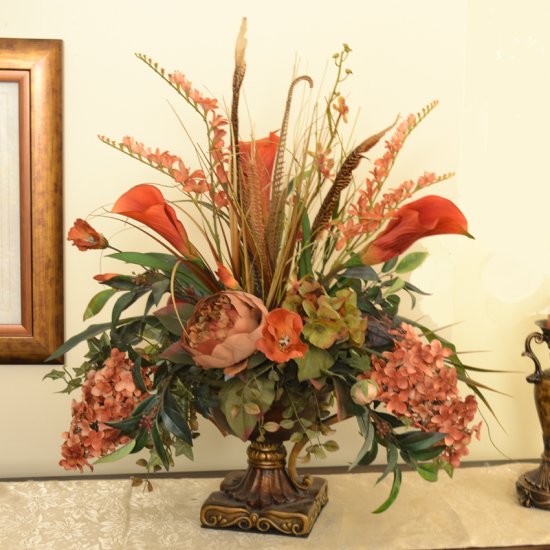 (image for) Silk Floral Centerpiece with Calla Lillies, Peonies, Orchid & Feathers AR317 TEXT_CLOSE_WINDOW