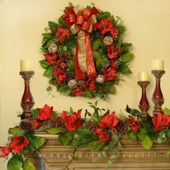 (image for) Red Amaryllis Christmas Wreath and Garland Set CR1515 TEXT_CLOSE_WINDOW