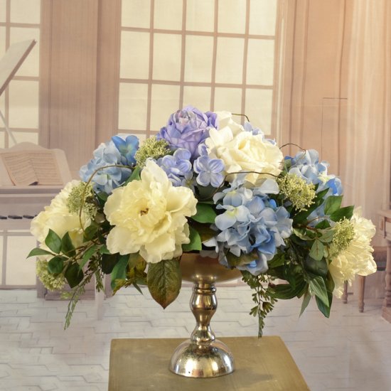 (image for) Blue and White Silk Floral Designs in Silver pedestal Bowl AR381 TEXT_CLOSE_WINDOW