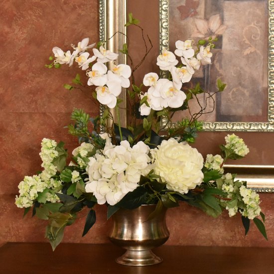 (image for) White Orchids and Hydrangea Silk Floral Centerpiece in Silver BowL. AR439 TEXT_CLOSE_WINDOW