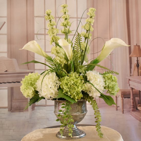 (image for) Calla Lily And Hydrangea Silk Floral Design In Silver Urn AR466 TEXT_CLOSE_WINDOW