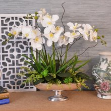 (image for) White Faux Orchids in Silver Hammered Boat Vase
