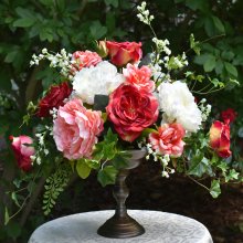 Elegant Rose and Peony Silk Floral Arrangement in Bronze Pedestal Vase AR437