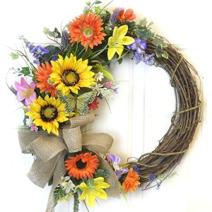 (image for) Colorful Sunflower Crescent Wreath with Butterflies WR4872B