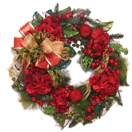 (image for) Christmas Holiday Green and Red Hydrangea Wreath & RibbonCR4662 TEXT_CLOSE_WINDOW
