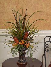 Grasses, Feathers and Protea Mantel Floral Design NC136