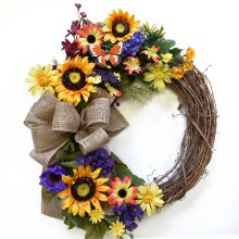 Wildflower & Sunflower Wreath with Burlap Bow WR5022