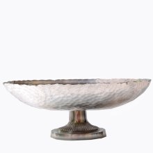 Oblong Hammered Silver Metal Pedestal Bowl V-020