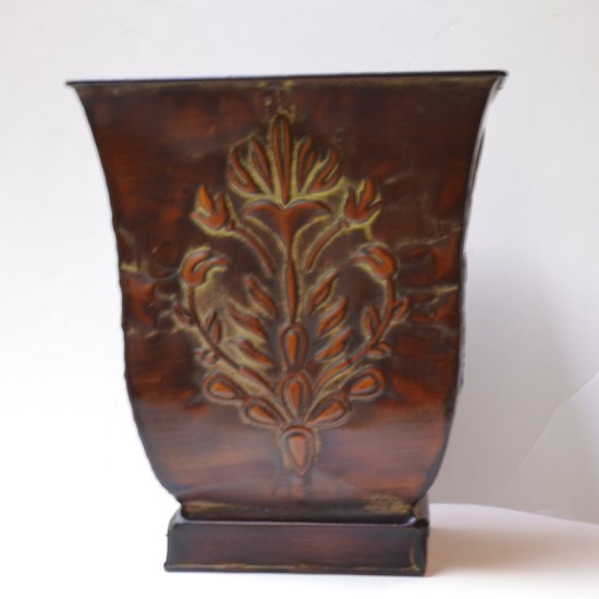 (image for) 12 " Embossed Dark Brown Metal Planter with Floral Motif V-04 TEXT_CLOSE_WINDOW