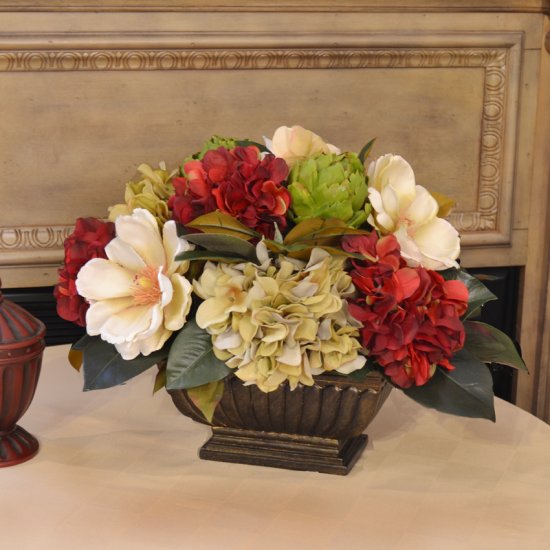 (image for) Hydrangea and Magnolia Centerpiece with Artichokes AR380 TEXT_CLOSE_WINDOW