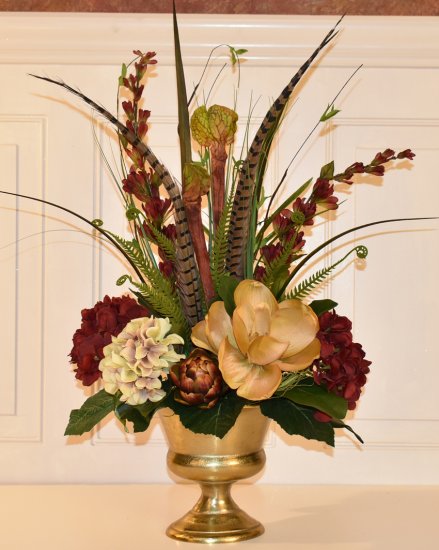 (image for) Elegant Magnolia and Hydrangea Floral Arrangement in Gold Urn AR444 TEXT_CLOSE_WINDOW