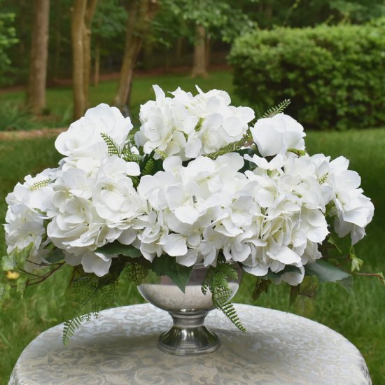 (image for) White Hydrangea Silk Floral Centerpiece in Silver Bowl AR438 TEXT_CLOSE_WINDOW