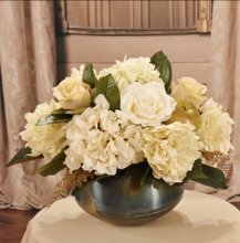 Cream Hydrangea and Peony Silk Floral Design in Metal Sosa Bowl AR528