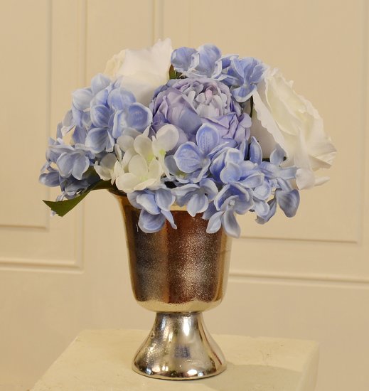 (image for) White and Blue Silk Floral Design in Silver Vase AR395 TEXT_CLOSE_WINDOW