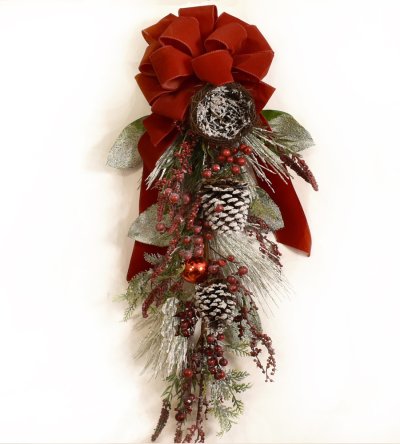 (image for) Flocked Christmas Swag with Red Bow CR1568