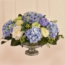 Blue Hydrangea Silk Flower Arrangement in Silver Bowl AR422