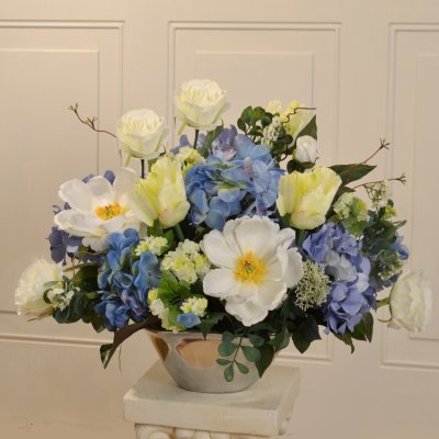 (image for) Blue and White Silk Flower Arrangement in Silver Vase AR391