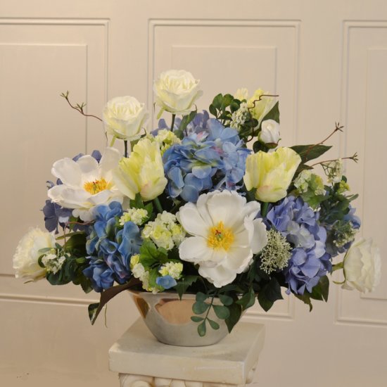 (image for) Blue and White Silk Flower Arrangement in Silver Vase AR391 TEXT_CLOSE_WINDOW