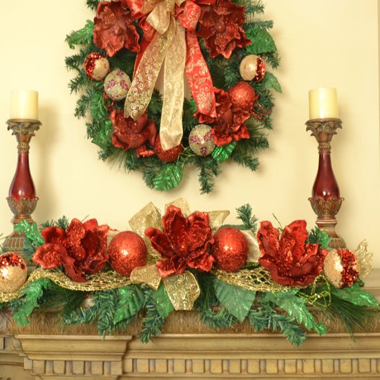 (image for) Red Magnolia Christmas Swag with Ornaments CR1520 TEXT_CLOSE_WINDOW