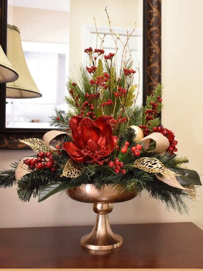 (image for) Red Magnolia Christmas Centerpiece Gold Pedestal Vase TEXT_CLOSE_WINDOW