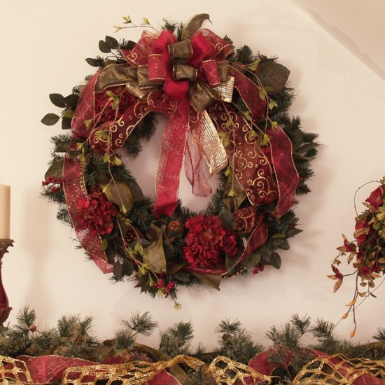 (image for) Christmas Burgundy Pine Wreath with Designer Bow & Ribbon CR1015 TEXT_CLOSE_WINDOW