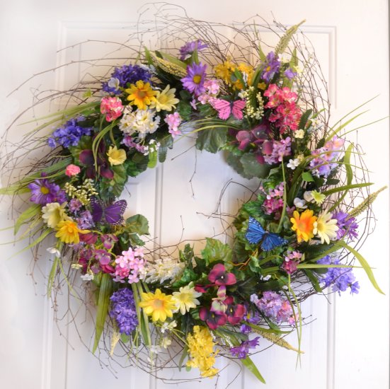 (image for) Colorful Designer Wildflower Wreath with Butterlfies - Spring Summer Door Wreath TEXT_CLOSE_WINDOW