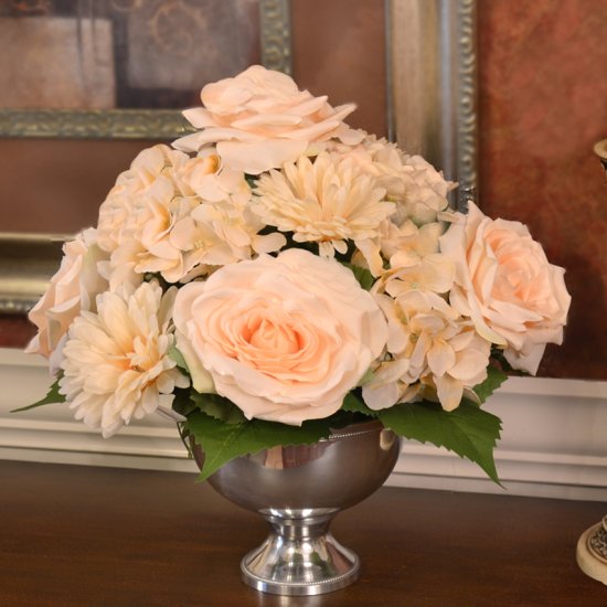 (image for) Cream Rose and Hydrangea Flower Arrangement in Silver bow AR377 TEXT_CLOSE_WINDOW