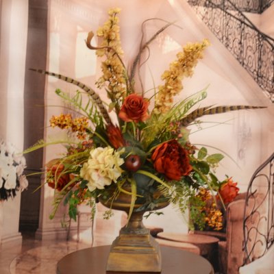 (image for) Deep Red and Gold Large Silk Flower Arrangement with Feathers AR362