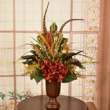 (image for) Red and Gold Natural Look Botanical Design with Feathers - One Sided Mantel Arrangement AR426