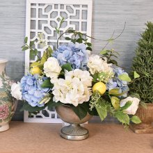 (image for) Blue and White Hydrangea Centerpiece with Lemons