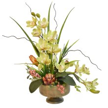 (image for) Green Cymbidium Orchids in Aged Metal Bowl O203