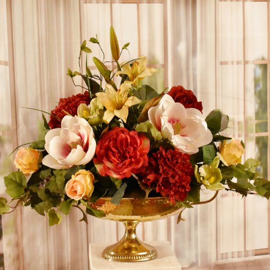 (image for) Designer Rose and Magnolia Grande Silk Centerpiece with Lillies. AR435 TEXT_CLOSE_WINDOW