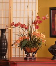 Red and Talisman Silk Orchid Arrangement with Bamboo O136